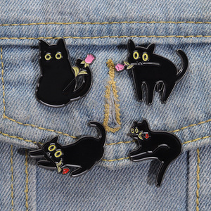 Cartoon Flower Black White Cat Badge Pin Metals Brooch Souvenir Badge for Bag Hat Clothing Decoration