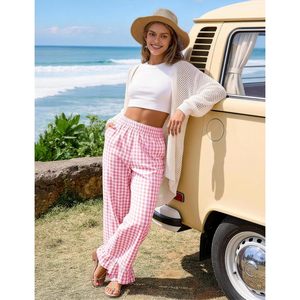 Pantalones anchos de algodón a cuadros para mujer FOXA, con volantes en el bajo, cintura elástica y bolsillos. - Product Image 5