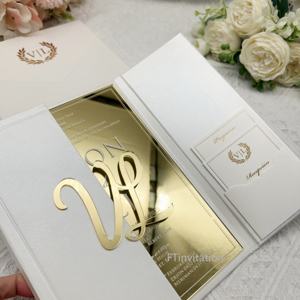 아이보리 진주 하드 커버 청첩장 골드 미러 아크릴 웨딩 카드 개인화 된 디자인 - Product Image 6