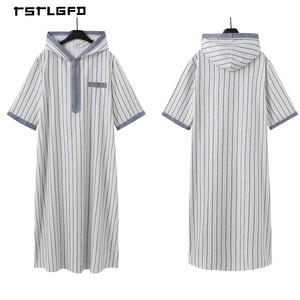 <b>Men</b> Grey Stripe Woven Cotton Hooded <b>Thobe</b> Half Zip Contrast Panel Short Sleeve Full-Length Casual Modest Summer Robe - Product Image 3