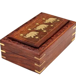 Caja de madera pequeña con elefante de latón, cajas de joyería grabadas