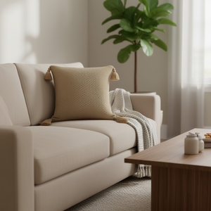 Funda de Almohada Geométrica DB de 50 cm Cuadrada, Tejida con Detalles de Borlas, para Sala de Estar, Sofá, Color Marrón Claro, Estilo Transicional - Product Image 2