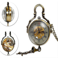 Montre de poche robotique YQHC pour hommes et femmes, collier vintage, bracelet en acier inoxydable, boule de verre mécanique, cadran squelette antique 48MM