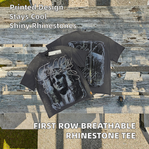 เสื้อยืดแขนสั้นพิมพ์ลายลำลองทรงโอเวอร์ไซส์ผ้าถักระบายอากาศพิมพ์ลายด้วยหมึกสีขาวแบบพ่นตรง ประดับด้วยคริสตัล ขายส่ง - Product Image 2