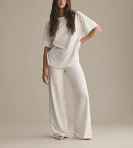 Ensemble 2 pièces personnalisé OEM pour femme en jersey de coton doux, coupe ample, manches courtes, col rond, longueur intégrale, couleur unie, été/printemps, écologique - Product Image 1