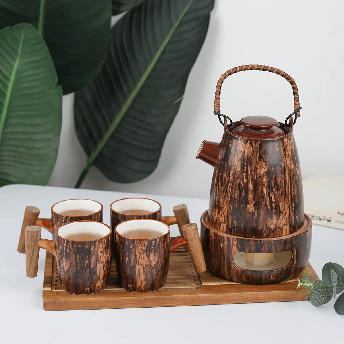 Juego de café de cerámica con forma de madera especial, bandeja con soporte, calentador, tetera de porcelana, taza de té con mango de madera personalizado