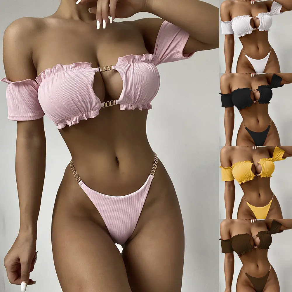 Neuer einfarbiger Bikini Damen Badeanzug Mujeres Sin Biquini Kurzarm Fitness Bademode Set Beach Bikini