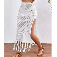 S M L Mujeres Textura de punto Sarong Faldas Sexy High Slit Tassel Cover-Up Beach Summer Vacation Falda envuelta Bikini Cover up