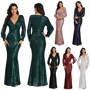 Vestidos de baile sensual femininos, elegante, lantejoulas, sereia, vestido de noite com manga comprida, vestidos de festa para convidado de casamento, 2022