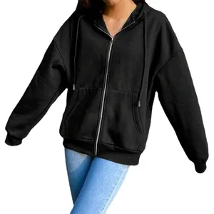 Custom Autumn Hooded Jacket Solid Colour Hooded Fashion Sweatshirt Long Sleeve Top Drawstring Pocket Loose Zip Black Hoodie