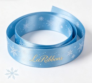 Ruban en satin bleu d'hiver avec imprimé flocon de neige doré, ruban cadeau en polyester pour emballage de cadeaux de Noël, OEKO‑TEX - Product Image 4