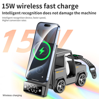 Stasiun Pengisian Daya Nirkabel Desain Mobil 6 in 1, Pengisi Daya Cepat 15W untuk Ponsel, Jam Tangan, dan Earbud dengan Speaker Jam Digital