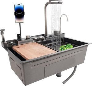 Fregadero de Cocina de Acero Inoxidable Tipo Cascada, Fregadero Grande de un Solo Tazón con Grifo Extraíble y Múltiples Accesorios - Product Image 1
