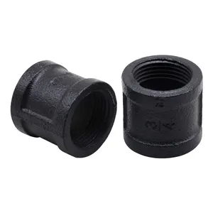 Loft industrial style furniture pipe fittings black coated malleable cast iron decorative pipe connector female socket banded