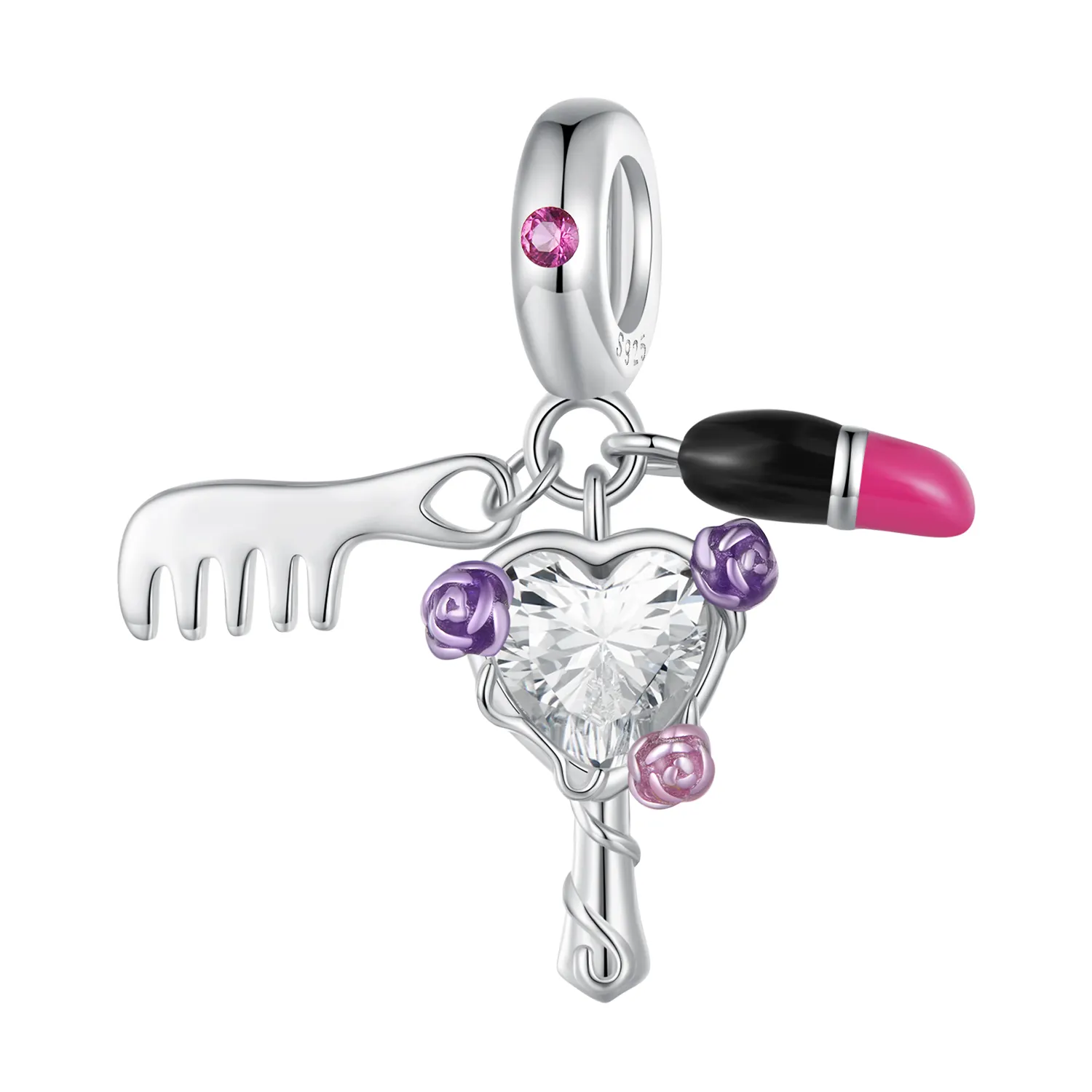 925 Sterling Silber Beauty Cosmetics Anhänger Lippenstift Kamm Spiegel Anhänger für Armband Halskette