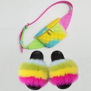 Custom Fur Slippers And Purse Sets New Fashion Ladies Fox Fur Slippers Bag Set Matte Rainbow Jelly Bags