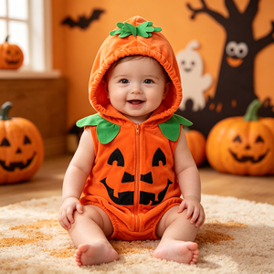 Vêtements pour bébés nouveau-nés, combinaison à thème citrouille orange, sans manches, à capuche avec accents de feuilles, vêtements pour nouveau-nés, festival d'automne - Product Image 1