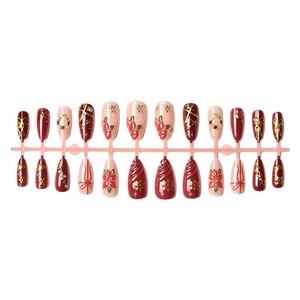 24 faux ongles réutilisables en ABS à pression, taille moyenne, <span class=keywords><strong>rouge</strong></span> Noël et nude, avec flocons de neige 3D, poinsettia et accents dorés pour les doigts - Product Image 4