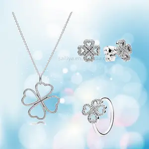 Perak Sterling 925 baru indah klasik empat daun semanggi kalung perhiasan dengan anting liontin kalung hadiah indah