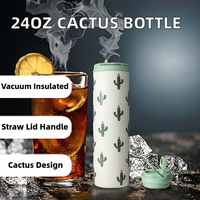Bouteille d'eau isotherme en acier inoxydable 24 oz avec poignée, double paroi sous vide, sans BPA (motif Cactus) pour adultes, sport et voyage