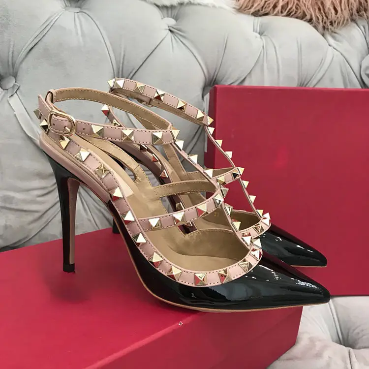 V Famous Brands Designer Original Leather Luxury Rivet Clear Stripper Slide Ladies Sexy Stiletto Heeled Women's Sandals