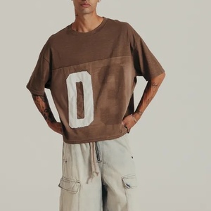 Custom Men Brown Washed Cropped T <b>Shirt</b> Raw <b>Patchwork</b> Letter Oversized Short Sleeve Crew Neck Streetwear Tee - Product Image 2