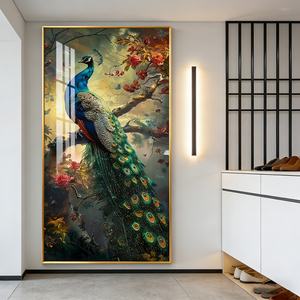 Cuadro Decorativo de Lujo con Estampado Animal para Colgar en la Pared, Decoración para Sala de Estar, Pintura de Cristal de Pavo Real con LED - Product Image 1