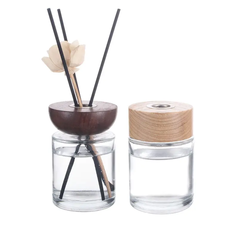 180ml luxury clear glass aroma reed diffuser bottles for air freheners with sticks Custom Bamboo Wooden lid