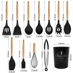 Ensemble de 12 ustensiles de cuisine en silicone avec manche en bois, antiadhésifs, pour casseroles, avec seau de rangement - Product Image 5