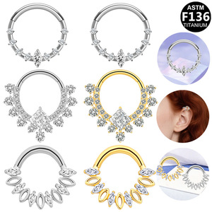 <span class=keywords><strong>Anello</strong></span> Segmentato a Cerniera in Titanio ASTM F136 con Zirconia Cubica a Marquise Centrale e Cluster di Sette Pietre, Gioiello per <span class=keywords><strong>Piercing</strong></span> al Naso, Septum, Clicker, <span class=keywords><strong>Helix</strong></span> - Product Image 1