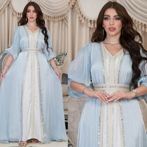 Ensembles de luxe 2 pièces pour femmes musulmanes, style <span class=keywords><strong>Moyen</strong></span>-Orient, robes Abaya de Dubaï, doux, longueur ras du sol, élégants, respirants, en polyester, col en V - Product Image 5