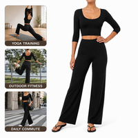 Atasan Olahraga Lengan Panjang Berkualitas Tinggi, Solid, Bernapas, Cepat Kering, dan Legging Pinggang Tinggi Model Flare 2-Piece untuk Yoga dan Aktivitas Lainnya