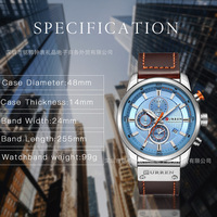 Montre à quartz pour homme, boîtier rond, cadran noir, trois sous-cadrans, jour, date, tachymètre, bracelet en cuir marron, sport