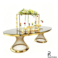 Table de banquet ovale de luxe haut de gamme en acier inoxydable doré avec base sablier en maille pour mariage, événement, fête, hôtel