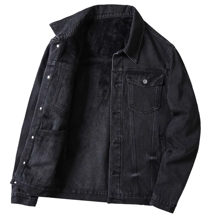 wholesale black denim jacket single piece oversized men casual fur teddy lined jackets coats 2021