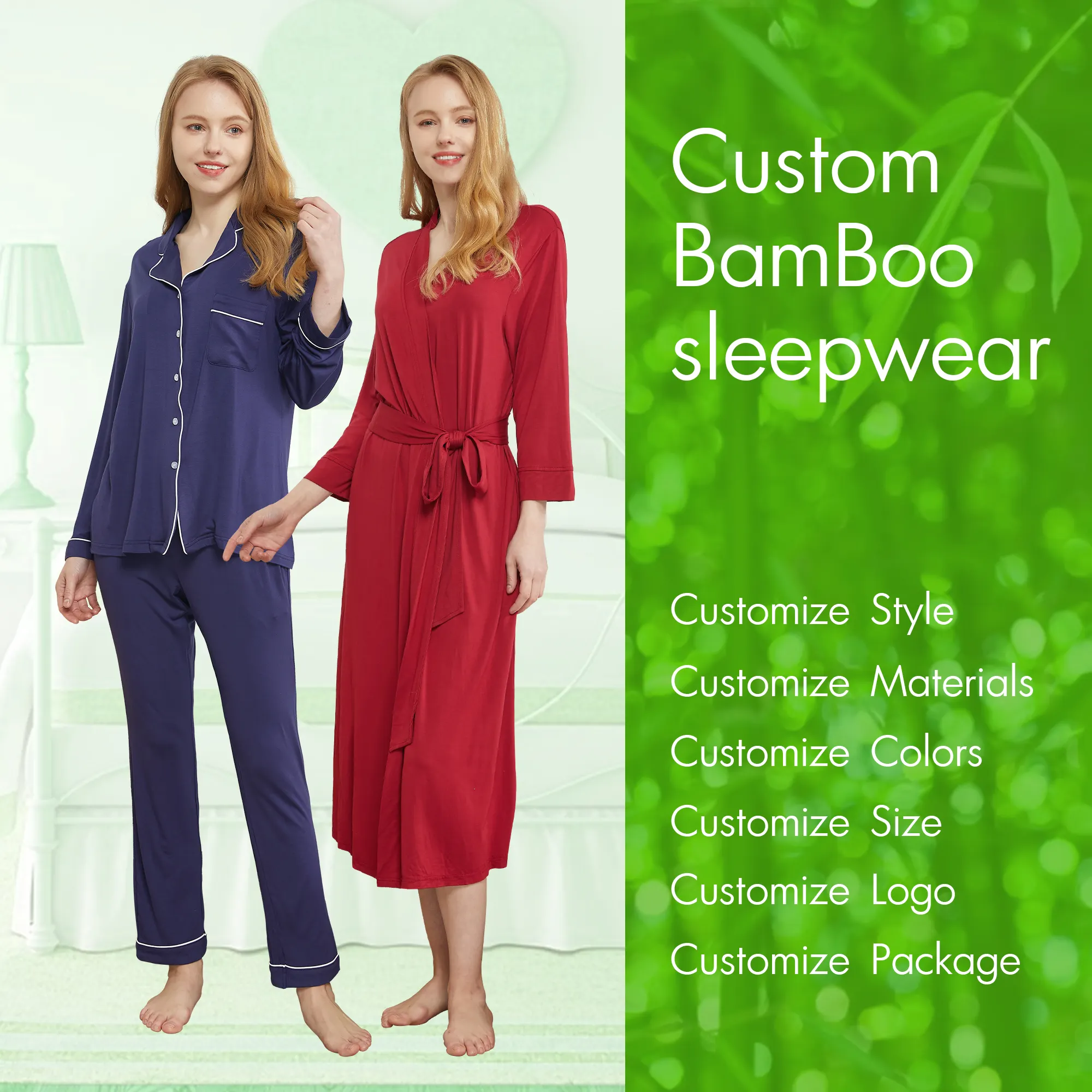 맞춤 도매 패션 솔리드 성인 pijamas 레이디 소프트 긴 소매 잠옷 세트 코튼 여성 잠옷 100% 대나무 잠옷