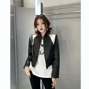 Stand Collar Black And White Stitching Baseball Uniform Sheepskin Genuine Leather Clothes Leather Jacket Short Coat For Women