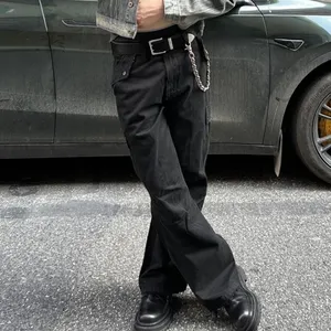 Dongguan City Streetwear Custom Side Pockets Raw Hem Bottom Black Baggy Stacked Men Flared Cargo Pants