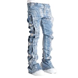 Jeans Rectos Retro de Tiro Medio para Hombre, Corte Holgado, Estilo Urbano, Lavado Claro, Botones, Estampado Casual, Otoño - Product Image 1