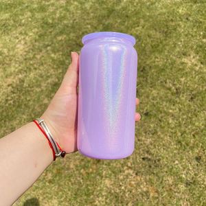 Couvercle en plastique coloré holographique scintillant 16oz bleu rose blanc violet rose vif pour canette en verre à sublimation pour impression DIY - Product Image 3