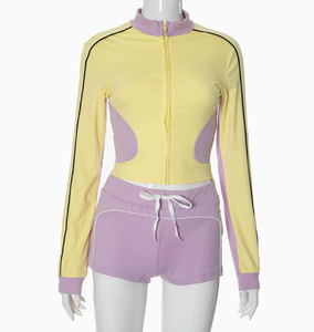 Viviblook K24ST371, nuevo conjunto de pantalones cortos de dos piezas de otoño, ropa de Fitness con cuello levantado, Top adelgazante, pantalones cortos deportivos, traje de mujer - Product Image 3
