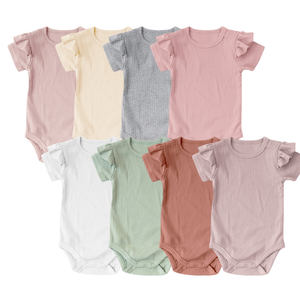 Grosir piyama bayi perempuan baru lahir, baju monyet Onesie katun organik berjumbai polos - Product Image 1