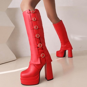 Bottes à multiples boucles superposées tendance, bottes hautes à talon épais et plateforme pour femme, bout carré uni - Product Image 3