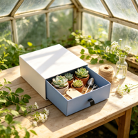 Caja de regalo de madera azul para jardín con suculentas, pala, rastrillo, etiqueta, cordel y embalaje para invernadero, set de regalo de flores al por mayor