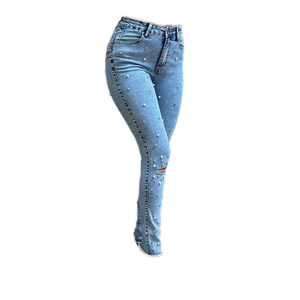 Jeans en denim 100% coton pour femmes, coupe slim, style Y2K, avec logo brodé personnalisé, nœuds et perles, extensibles, vente en gros - Product Image 2
