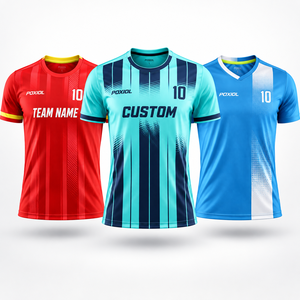 Camiseta de Fútbol Personalizada, Fabricante OEM, Uniforme de Fútbol Sublimado, Franjas Rojas, Azules y Cian, para Clubes, Entrenamiento, <span class=keywords><strong>Distribuidor</strong></span> Mayorista - Product Image 1