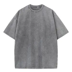 Short Sleeve Plain Men Cotton Heavyweight Vintage Wash T shirts Gray Drop Shoulder Washed Tees Unisex
