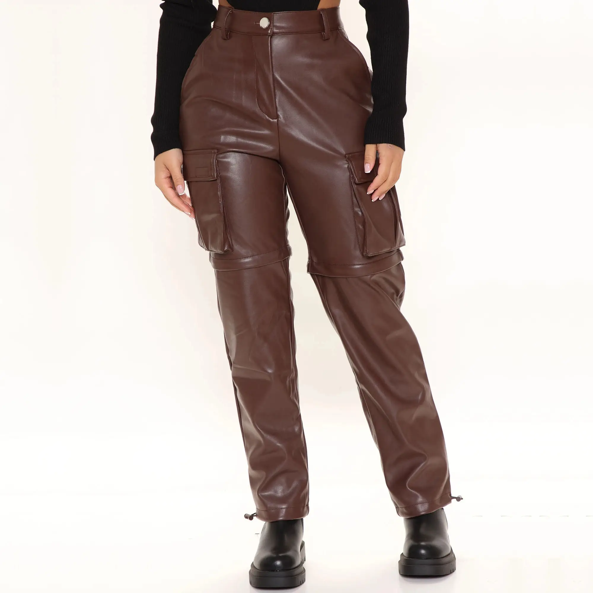 Cargo Leather Pants Women For Wholesale Fashionable Clothes Factory Price To Custom High Quality Brown Faux PU Leather Pants