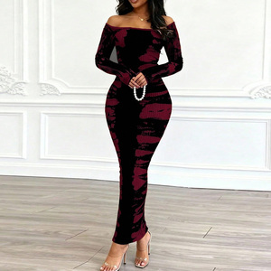 Vestido Midi Borgoña Casual de Manga Larga, Elegante, Estampado, Elástico y Ajustado al Cuerpo, para Mujer, Primavera-Verano - Product Image 4