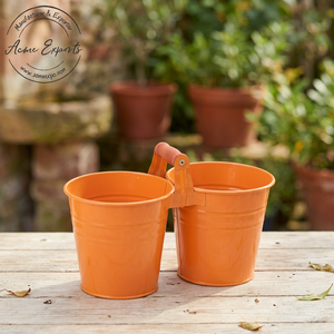 Set of 2 Orange Galvanized Iron Flower <b>Pots</b> with Handle Stylish Functional <b>for</b> Home Garden or Outdoor Use with Drainage Hole - Product Image 1
